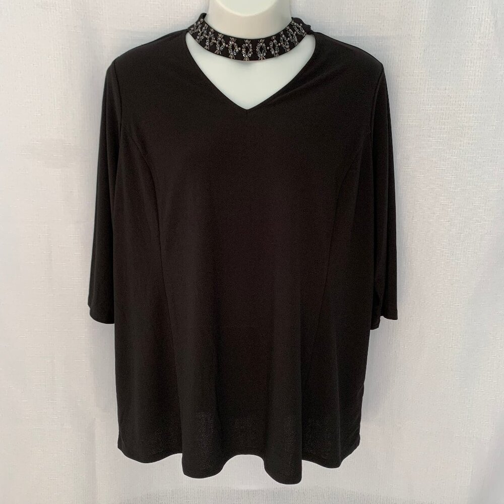 New SUSAN GRAVER ARTISAN Embellished 3/4 Sleeve Liquid Knit Tunic Top